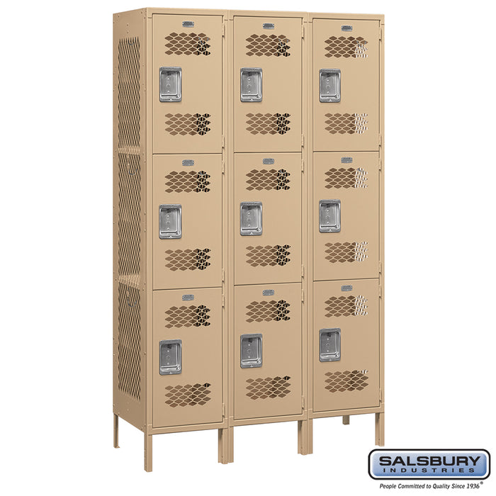 Salsbury 15" Wide Triple Tier Vented Metal Locker - 3 Wide - 6 Feet High - 18 Inches Deep - Tan - Assembled - Sweatfully