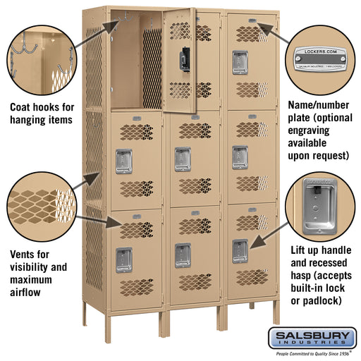 Salsbury 15" Wide Triple Tier Vented Metal Locker - 3 Wide - 6 Feet High - 18 Inches Deep - Tan - Unassembled - Sweatfully