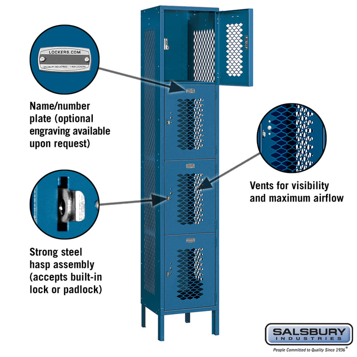 Salsbury 15" Wide Four Tier Vented Metal Locker - 1 Wide - 6 Feet High - 15 Inches Deep - Blue - Assembled - Sweatfully