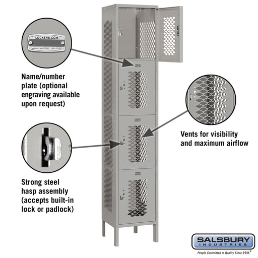 Salsbury 15" Wide Four Tier Vented Metal Locker - 1 Wide - 6 Feet High - 15 Inches Deep - Gray - Unassembled - Sweatfully