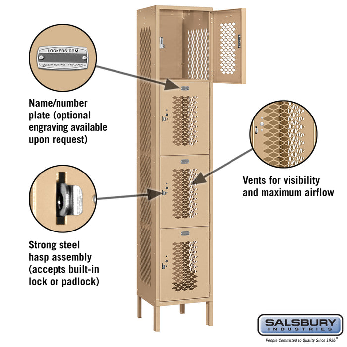 Salsbury 15" Wide Four Tier Vented Metal Locker - 1 Wide - 6 Feet High - 15 Inches Deep - Tan - Assembled - Sweatfully
