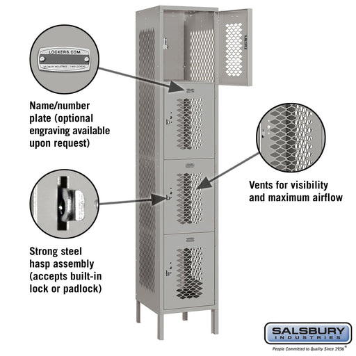 Salsbury 15" Wide Four Tier Vented Metal Locker - 1 Wide - 6 Feet High - 18 Inches Deep - Gray - Assembled - Sweatfully