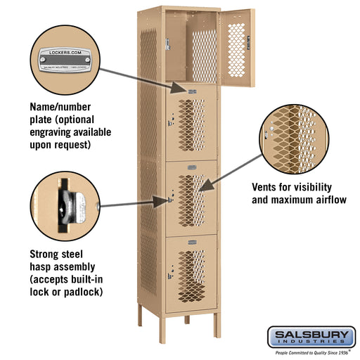 Salsbury 15" Wide Four Tier Vented Metal Locker - 1 Wide - 6 Feet High - 18 Inches Deep - Tan - Unassembled - Sweatfully