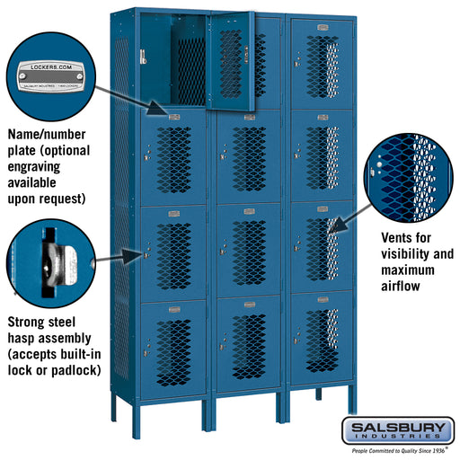 Salsbury 15" Wide Four Tier Vented Metal Locker - 3 Wide - 6 Feet High - 15 Inches Deep - Blue - Assembled - Sweatfully