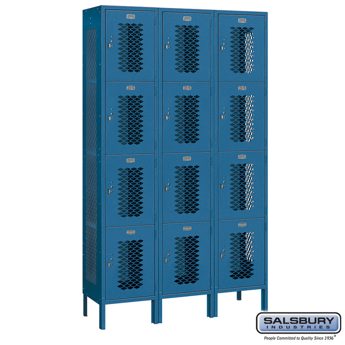 Salsbury 15" Wide Four Tier Vented Metal Locker - 3 Wide - 6 Feet High - 15 Inches Deep - Blue - Assembled - Sweatfully