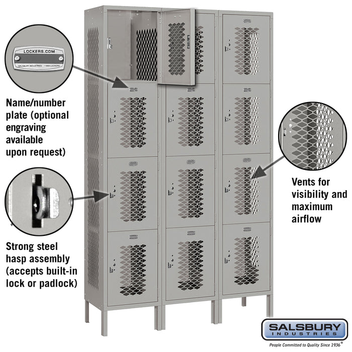Salsbury 15" Wide Four Tier Vented Metal Locker - 3 Wide - 6 Feet High - 15 Inches Deep - Gray - Assembled - Sweatfully