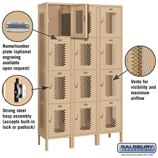 Salsbury 15" Wide Four Tier Vented Metal Locker - 3 Wide - 6 Feet High - 15 Inches Deep - Tan - Assembled - Sweatfully