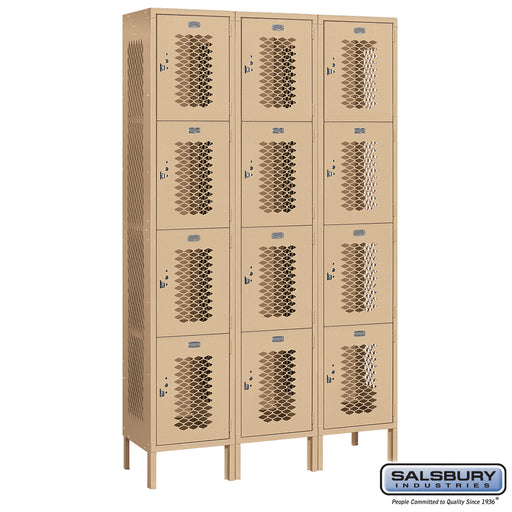 Salsbury 15" Wide Four Tier Vented Metal Locker - 3 Wide - 6 Feet High - 15 Inches Deep - Tan - Unassembled - Sweatfully