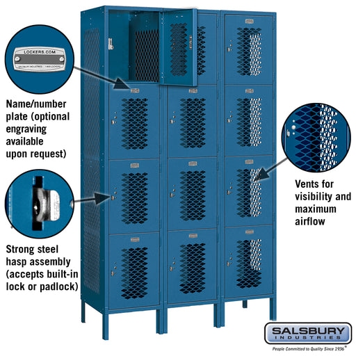 Salsbury 15" Wide Four Tier Vented Metal Locker - 3 Wide - 6 Feet High - 18 Inches Deep - Blue - Assembled - Sweatfully