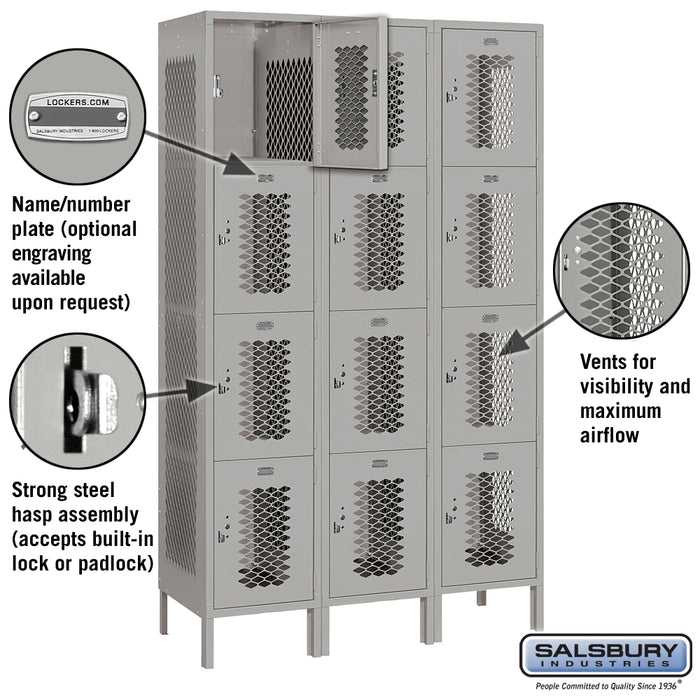 Salsbury 15" Wide Four Tier Vented Metal Locker - 3 Wide - 6 Feet High - 18 Inches Deep - Gray - Assembled - Sweatfully
