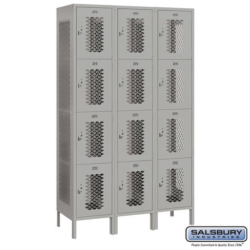 Salsbury 15" Wide Four Tier Vented Metal Locker - 3 Wide - 6 Feet High - 18 Inches Deep - Gray - Assembled - Sweatfully