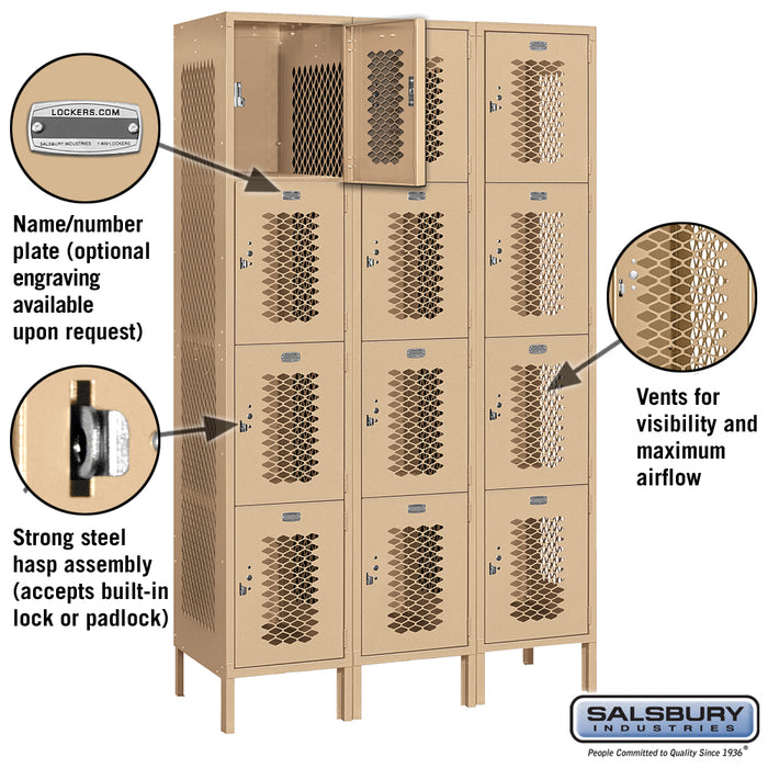 Salsbury 15" Wide Four Tier Vented Metal Locker - 3 Wide - 6 Feet High - 18 Inches Deep - Tan - Assembled - Sweatfully