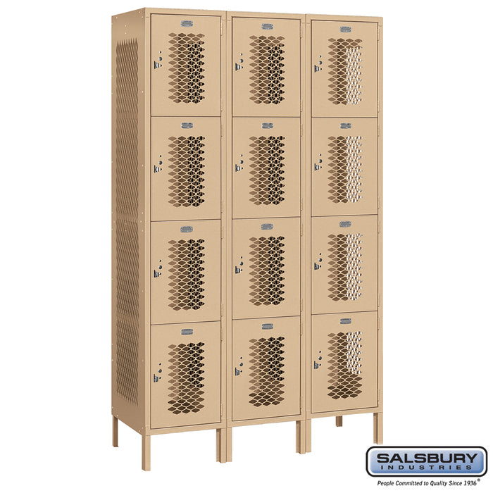 Salsbury 15" Wide Four Tier Vented Metal Locker - 3 Wide - 6 Feet High - 18 Inches Deep - Tan - Assembled - Sweatfully