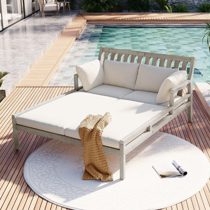 Outdoor Daybed, Patio Daybed with Four Pillows, Wooden Outdoor Bed with Curved Armrests for Poolside, Backyard, Garden - Sweatfully
