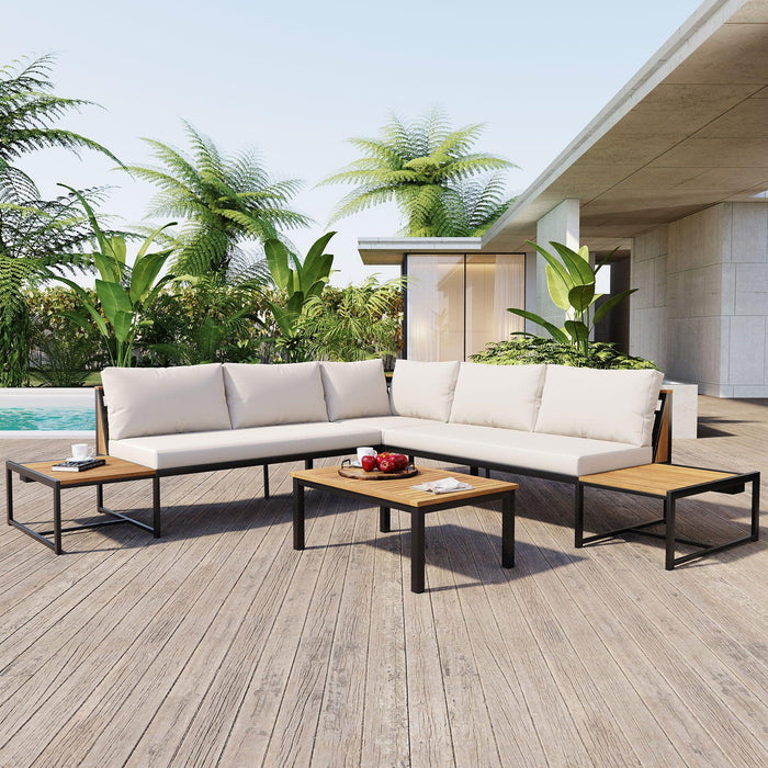 Patio Furniture Set with Loveseats, 4 Pieces Outdoor Sofa Set with Waterproof Cushions, Durable Iron-Wood Design for Garden, Backyard, Poolside - Sweatfully
