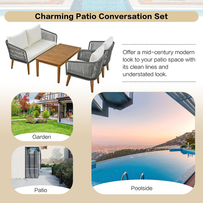 4 Pieces Outdoor Furniture Set with Loveseat, Patio Rope Conversation Set with Cushions for Backyard, Poolside, Garden - Sweatfully