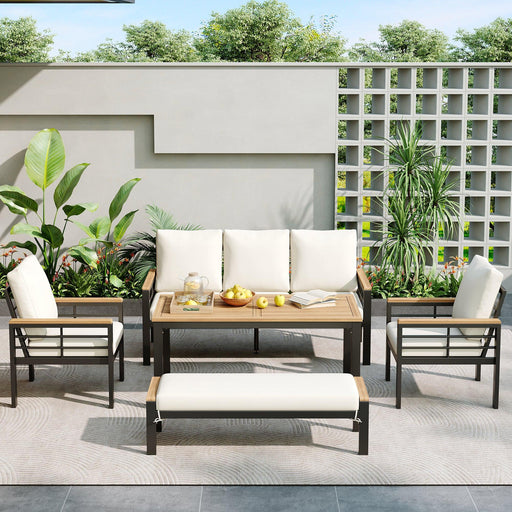 5 Pieces Outdoor Patio Conversation Set with 3-Seat Sofa, Cushions for Backyard, Poolside, Garden - Sweatfully