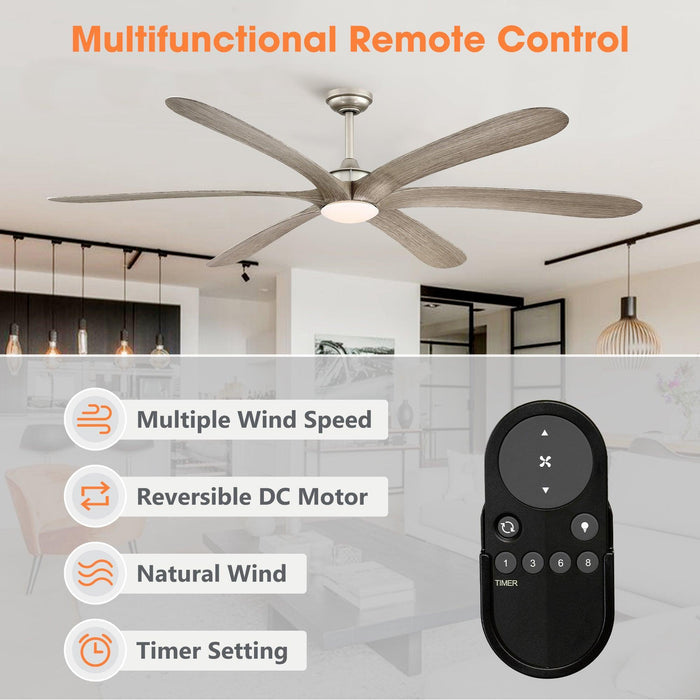 72" Jaydn Farmhouse Satin Nickel DC Motor Downrod Mount Reversible Ceiling Fan with Lighting and Remote Control - Sweatfully