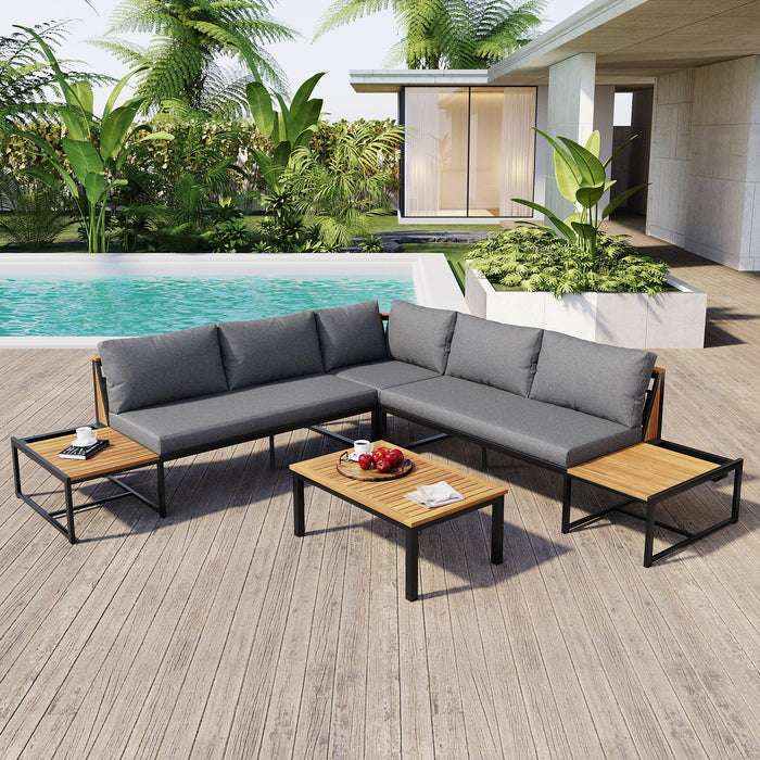 Patio Furniture Set with Loveseats, 4 Pieces Outdoor Sofa Set with Waterproof Cushions, Durable Iron-Wood Design for Garden, Backyard, Poolside - Sweatfully