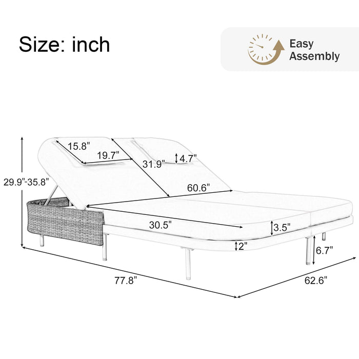 Outdoor Daybed, Patio Rattan Daybed with 5-Position Adjustable Backrest and Removable Cushions & Pillows for Garden, Backyard, Poolside - Sweatfully