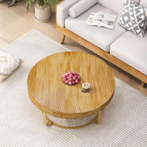 31.5" Modern round coffee table Wooden carving pattern coffee table with metal legs for living room reception room office Golden - Sweatfully