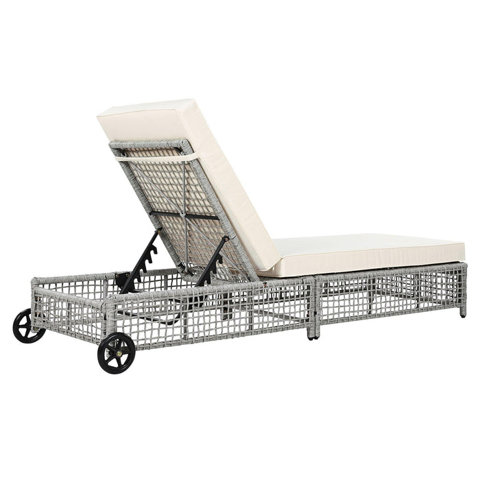 Outdoor Lounge Chair, Patio Chaise Lounge with 5-Position Backrest, Rattan Outdoor Lounge Chair with Cushion and Wheels for Poolside, Backyard, Garden - Sweatfully