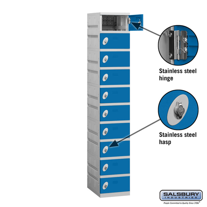 Salsbury 12" Wide Ten Tier Plastic Locker - 1 Wide - 6 Feet High - 18 Inches Deep - Blue - Assembled - Sweatfully