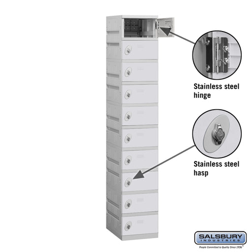 Salsbury 12" Wide Ten Tier Plastic Locker - 1 Wide - 6 Feet High - 18 Inches Deep - Gray - Unassembled - Sweatfully
