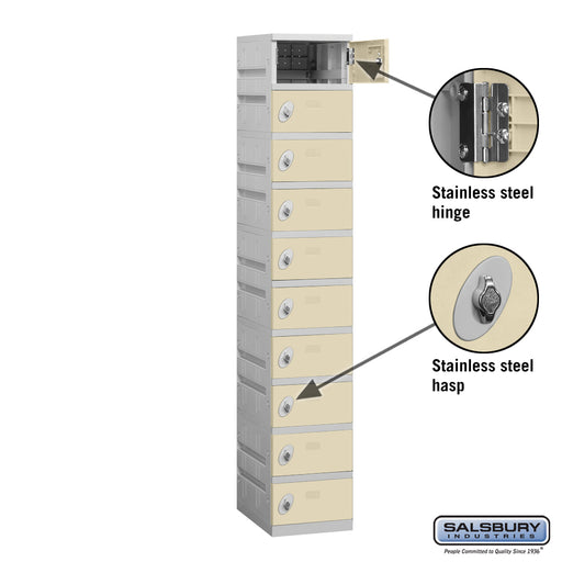 Salsbury 12" Wide Ten Tier Plastic Locker - 1 Wide - 6 Feet High - 18 Inches Deep - Tan - Assembled - Sweatfully