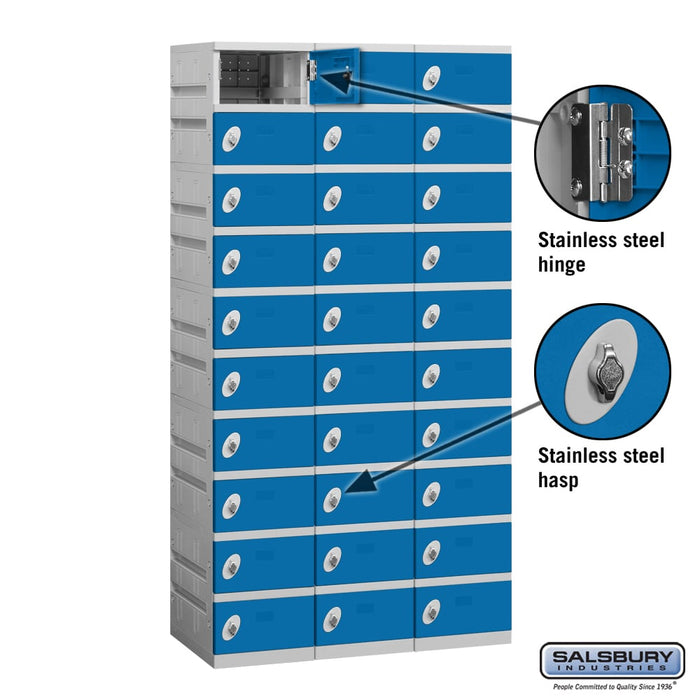Salsbury 12" Wide Ten Tier Plastic Locker - 3 Wide - 6 Feet High - 18 Inches Deep - Blue - Unassembled - Sweatfully