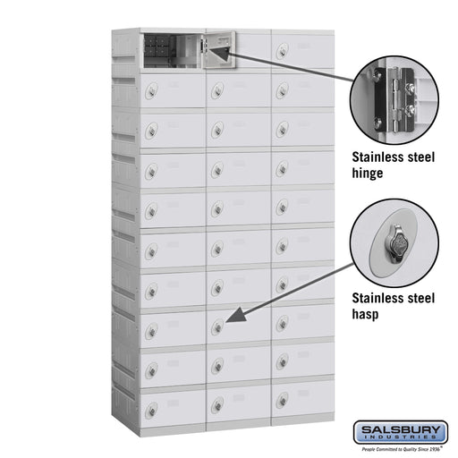 Salsbury 12" Wide Ten Tier Plastic Locker - 3 Wide - 6 Feet High - 18 Inches Deep - Gray - Assembled - Sweatfully