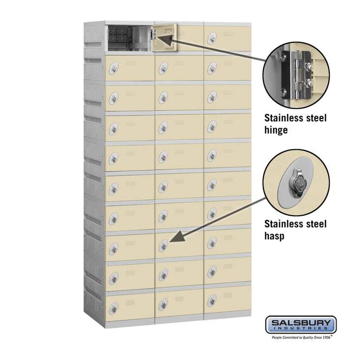 Salsbury 12" Wide Ten Tier Plastic Locker - 3 Wide - 6 Feet High - 18 Inches Deep - Tan - Assembled - Sweatfully