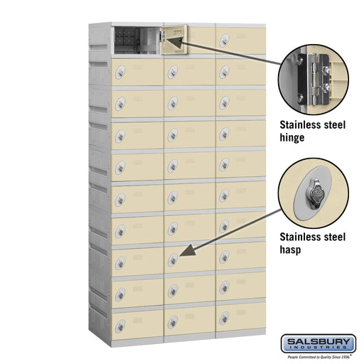 Salsbury 12" Wide Ten Tier Plastic Locker - 3 Wide - 6 Feet High - 18 Inches Deep - Tan - Unassembled - Sweatfully