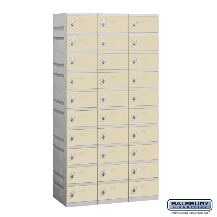 Salsbury 12" Wide Ten Tier Plastic Locker - 3 Wide - 6 Feet High - 18 Inches Deep - Tan - Unassembled - Sweatfully