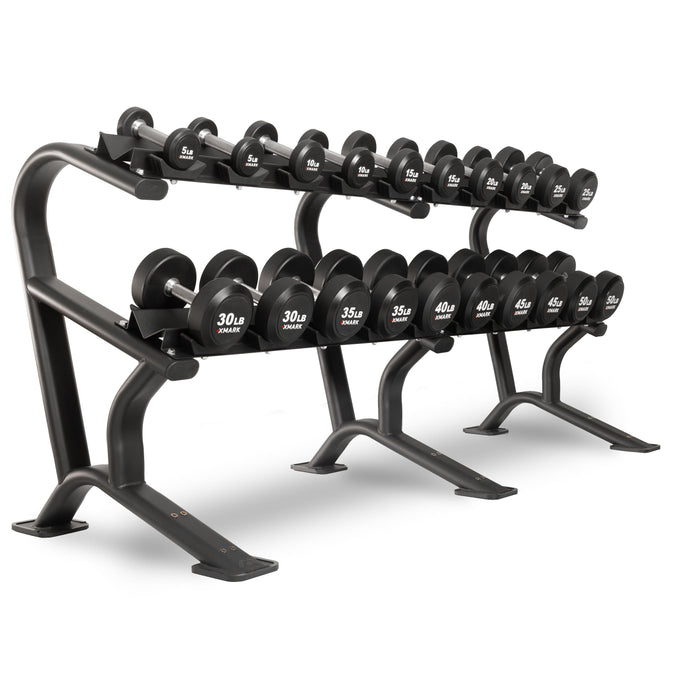 XMARK Round Commercial Urethane Dumbbells  (5-50 lb and 5-75 lb Sets) XM-9104-3316-550S - Sweatfully