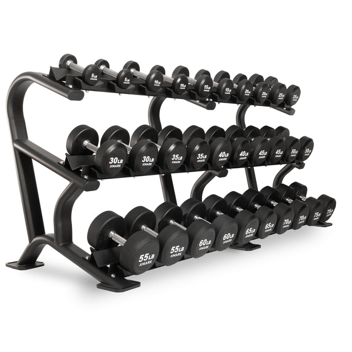 XMARK Round Commercial Urethane Dumbbells  (5-50 lb and 5-75 lb Sets) XM-9104-3316-550S - Sweatfully