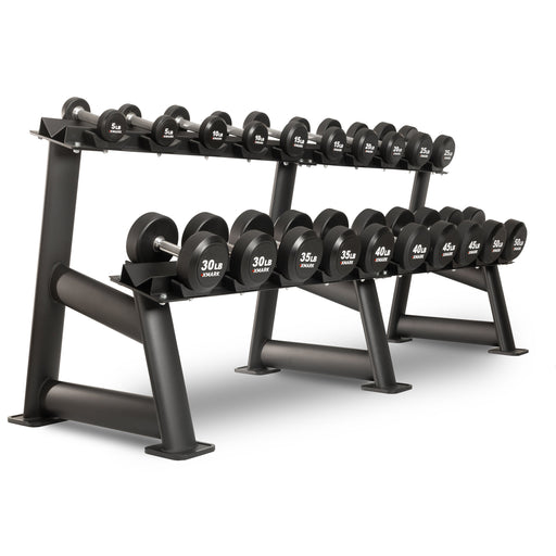 XMARK Round Commercial Urethane Dumbbells  (5-50 lb and 5-75 lb Sets) XM-9104-3316-550S - Sweatfully