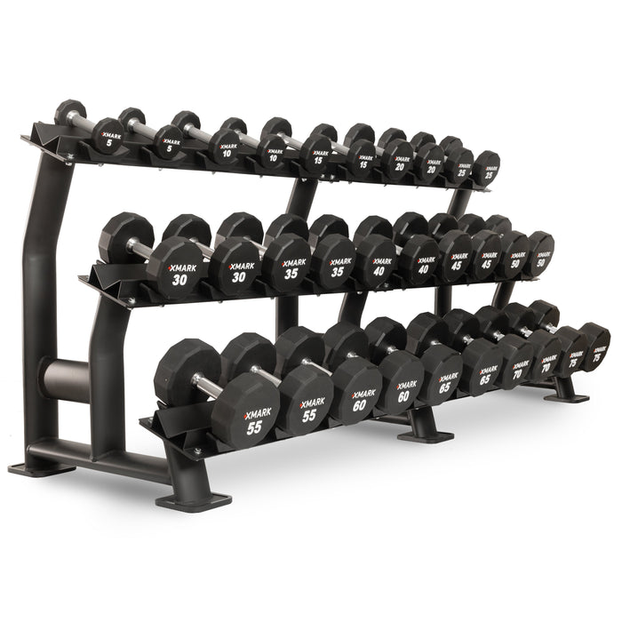 XMARK 12-Sided Commercial Urethane Dumbbells (5-50 lb and 5-75 lb Sets) XM-9104-3323-550S - Sweatfully