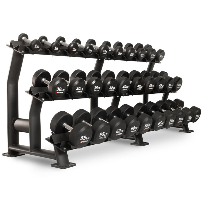 XMARK Round Commercial Urethane Dumbbells  (5-50 lb and 5-75 lb Sets) XM-9104-3316-550S - Sweatfully