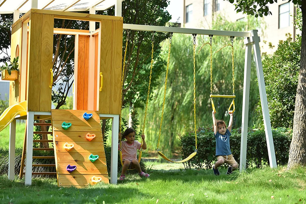Forest - Modern Backyard Outdoor Swing Set 2 Swings And Trapeze Bar - Sweatfully