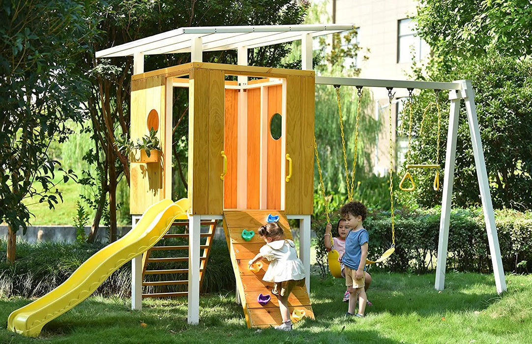 Forest - Modern Backyard Outdoor Swing Set 2 Swings And Trapeze Bar - Sweatfully