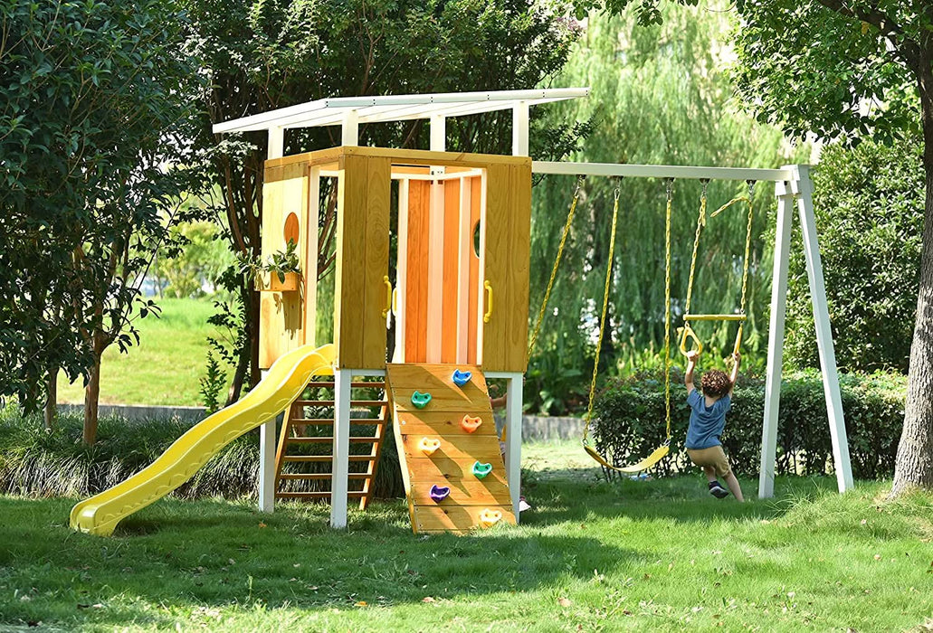 Forest - Modern Backyard Outdoor Swing Set 2 Swings And Trapeze Bar - Sweatfully