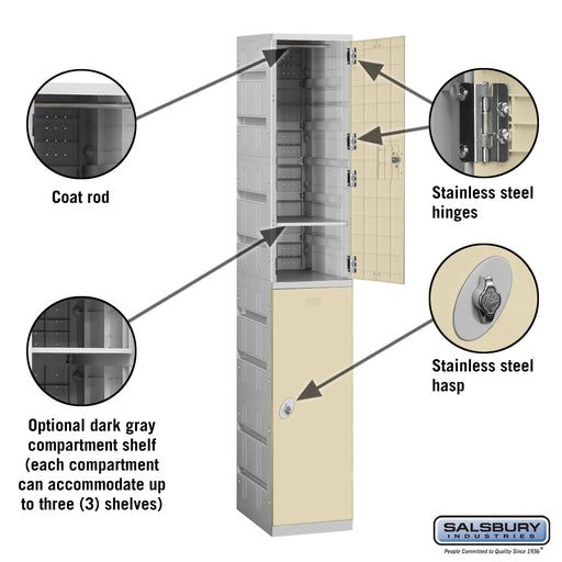 Salsbury 12" Wide Double Tier Plastic Locker - 1 Wide - 6 Feet High - 18 Inches Deep - Tan - Assembled - Sweatfully