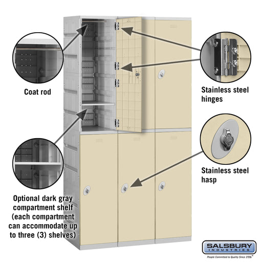 Salsbury 12" Wide Double Tier Plastic Locker - 3 Wide - 6 Feet High - 18 Inches Deep - Tan - Assembled - Sweatfully