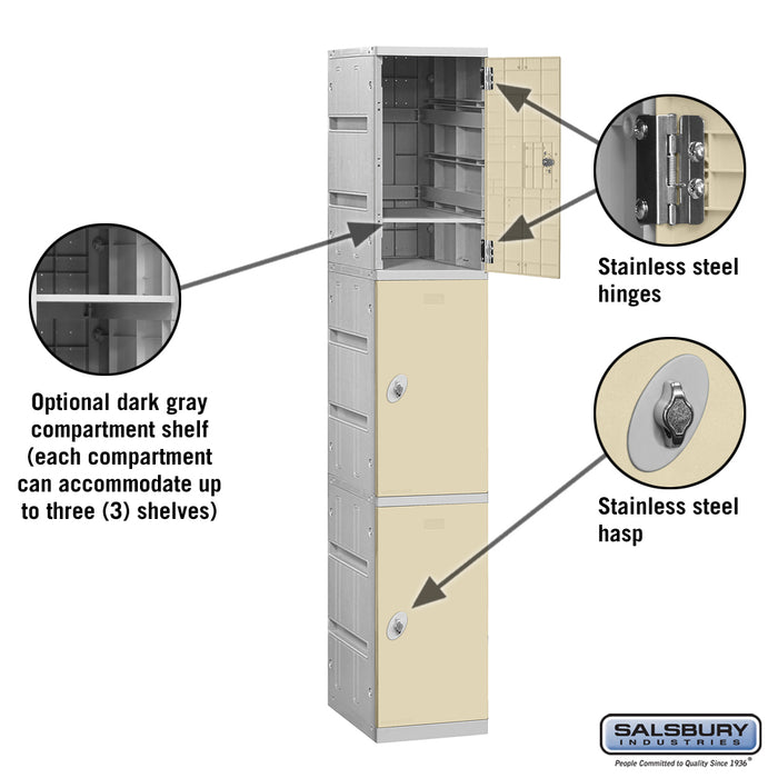 Salsbury 12" Wide Triple Tier Plastic Locker - 1 Wide - 6 Feet High - 18 Inches Deep - Tan - Assembled - Sweatfully