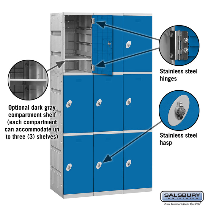 Salsbury 12" Wide Triple Tier Plastic Locker - 3 Wide - 6 Feet High - 18 Inches Deep - Blue - Assembled - Sweatfully