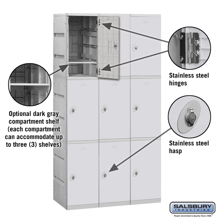Salsbury 12" Wide Triple Tier Plastic Locker - 3 Wide - 6 Feet High - 18 Inches Deep - Gray - Unassembled - Sweatfully