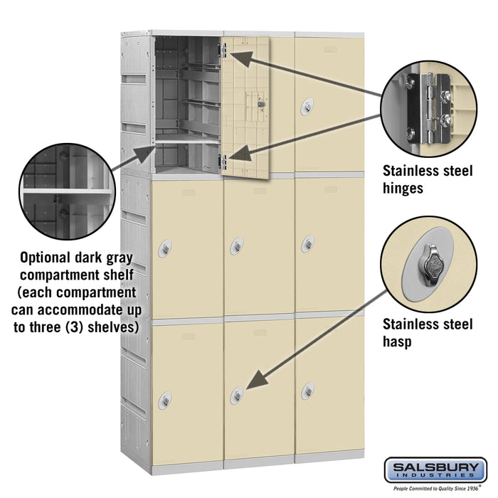 Salsbury 12" Wide Triple Tier Plastic Locker - 3 Wide - 6 Feet High - 18 Inches Deep - Tan - Assembled - Sweatfully