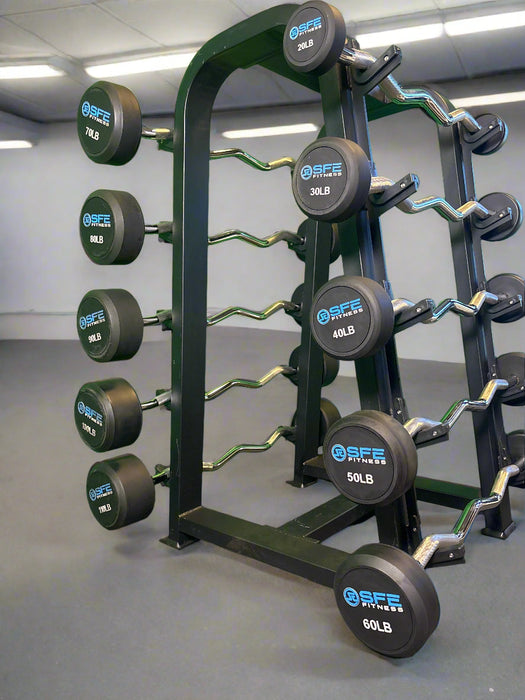 SFE Rubber Fixed EZ Curl Barbell SET 20LBs - 110LBs with Rack (New) - Sweatfully