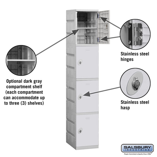Salsbury 12" Wide Four Tier Plastic Locker - 1 Wide - 6 Feet High - 18 Inches Deep - Gray - Assembled - Sweatfully